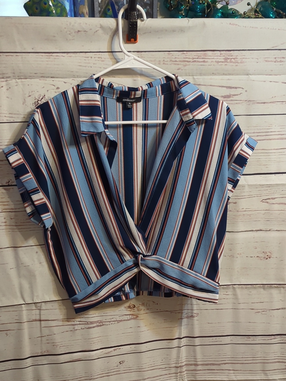 Ambiance Navy and Light Blue Striped Knot-Front Blouse